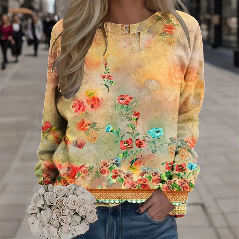 New Flower Long Sleeve T Shirts For Women Spring Fashion Street Girl Lady Pullover Tops 3D Printed Floral Graphic T-shirts Women