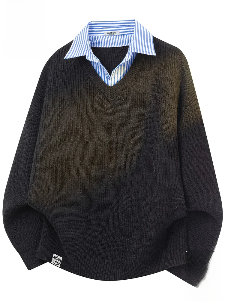 

PaulFrank American Sle Loose Knitted Sweater Men's Autumn New Casual Warm Fce-Like Fake Two-Piece Comfortable Long Sv...