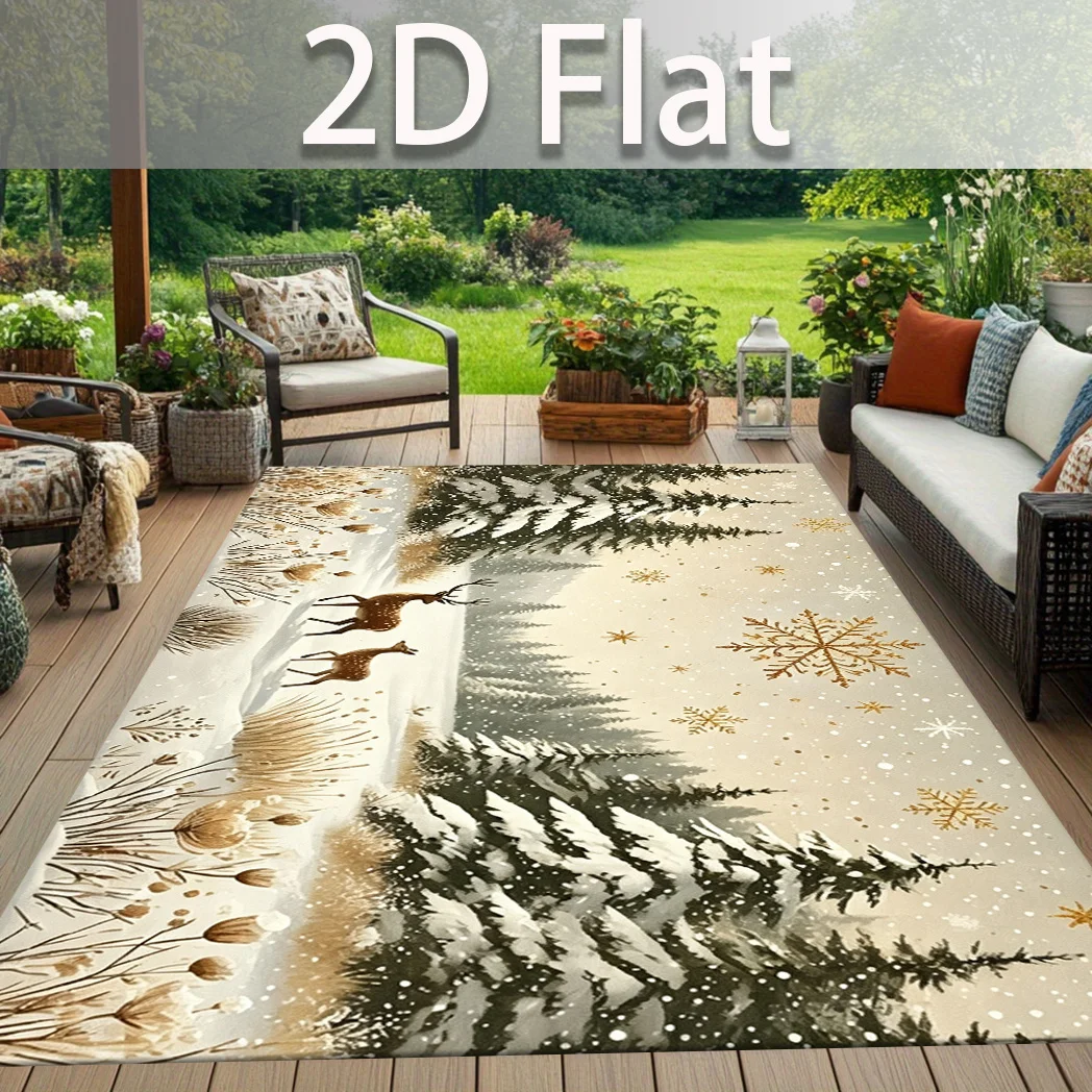 1pc 2D Flat Rectangular Snow Forest Reindeer Rug, Thick Non-Slip Machine Washable Mat for Living Room, Bedroom, Balcony