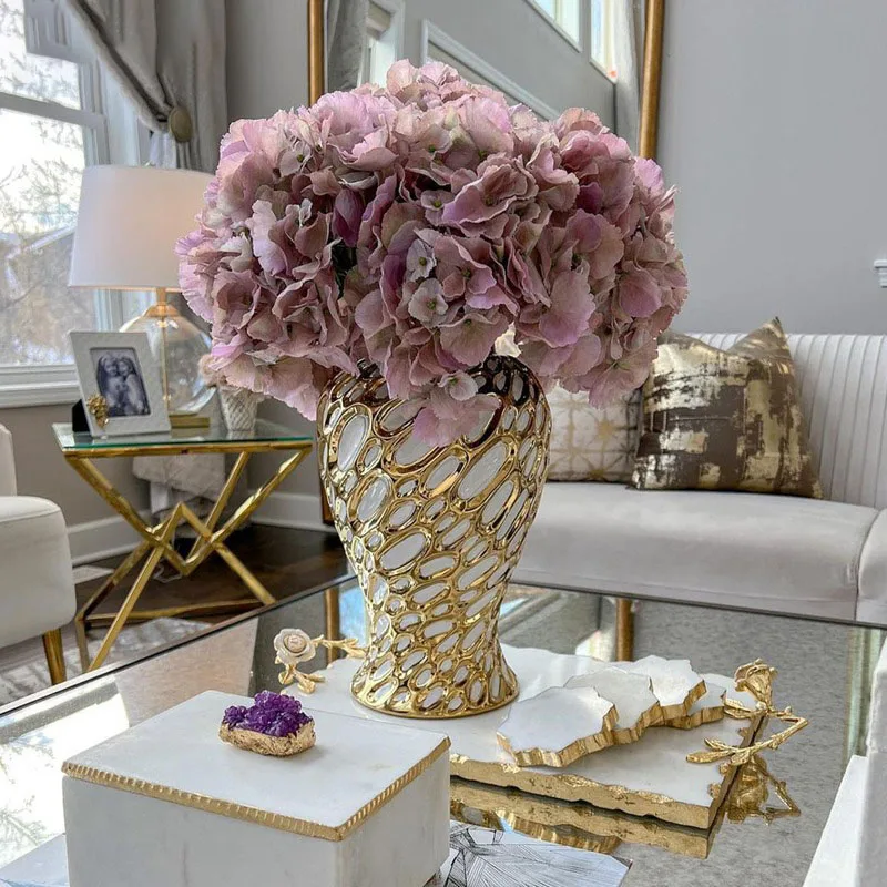 

Classical Plated Gold Ceramic Flower Vase Large Horizontal Stripe Decorative Porcelain Vases Home Living Room Decoration