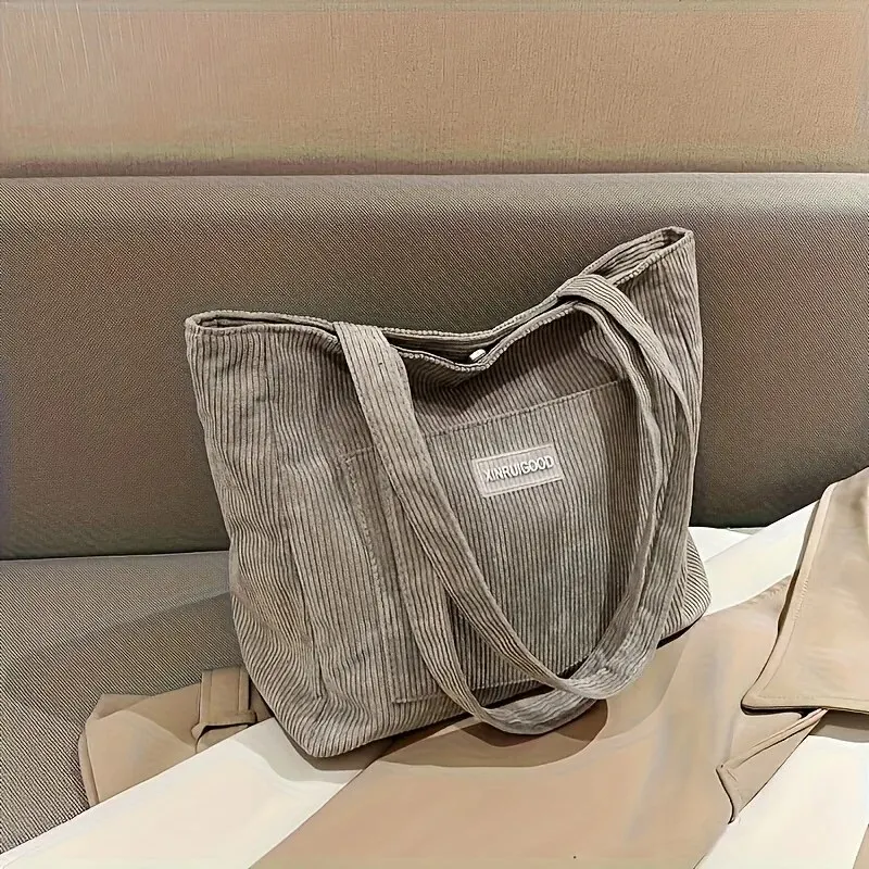 Large Capacity Shoulder Bag Trendy Corduroy Tote Bag Solid Color Ladies Handbag With Front Pocket