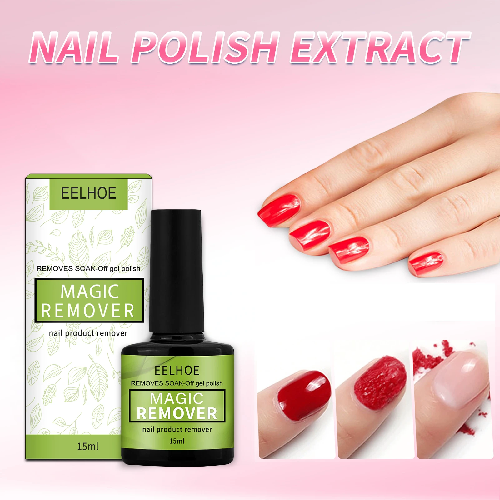 EELHOE Magic Remover Nail Gel Varnish Fast Cleanser Nail Polish Remover No Residual Stimulation Easy Use Real Nail No Harm 15ml