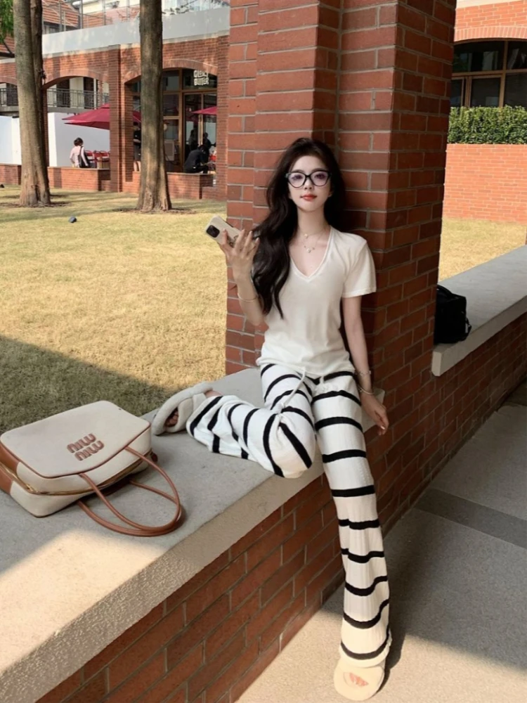 American retro spicy girl striped knitted wide leg pants autumn and winter Y2K women's high waisted commuting trend loose pants