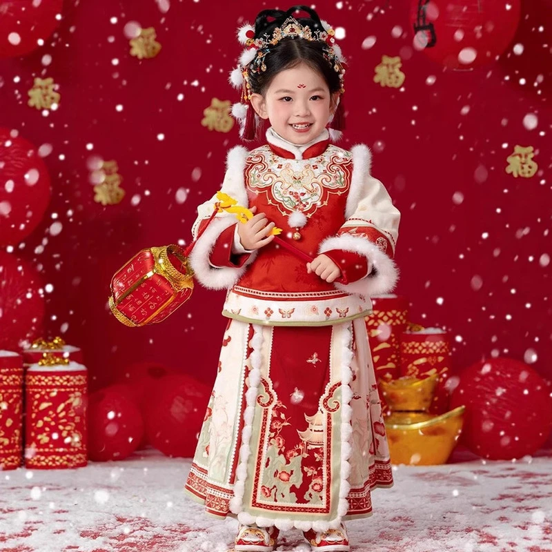 

New Girls Winter Warm Hanfu Quilted Dress Kids Ancient Fairy Costume Children Horse-face Skirt 2026 Chinese New Year Clothing