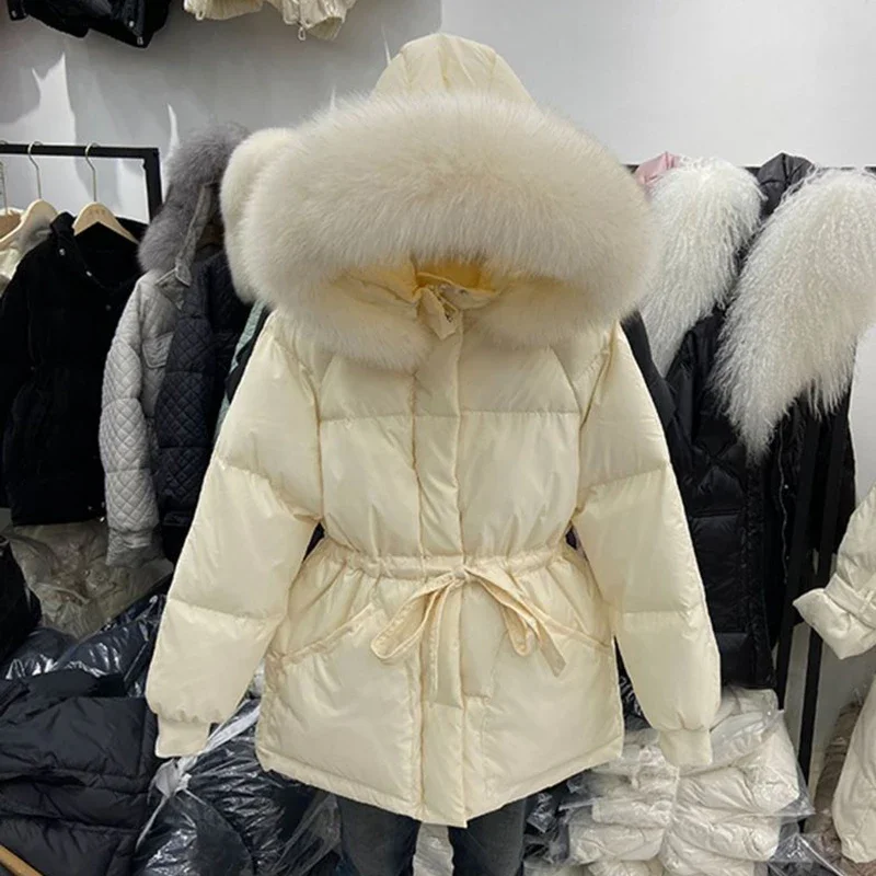 2025 Winter Women\'s Down Jackets Ultra Light Warm Coat Female Jacket Woman With a Belt Hooded Parka Big Fur Collar Overcoat