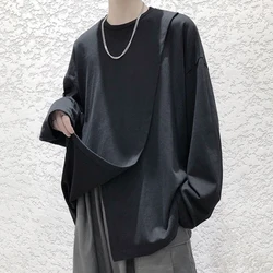 Side Slit Men O Neck Long Sleeve Sweatshirts 2022 Autumn Spring Loose Fashion T Shirt All-match Casual Harajuku Oversize Clothes