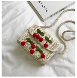 Cute Summer Straw Crossbody Bags for Women Weaving Handbags Ladies Sweet Cherry Beach Bags Girl Versatile Shoulder messenger Bag