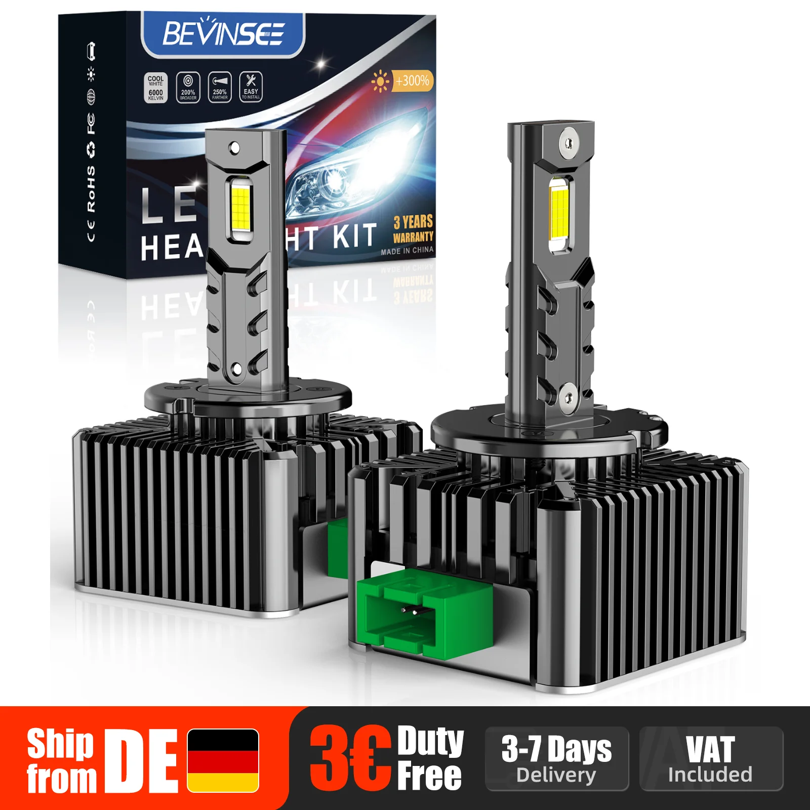 BEVINSEE D1S D1R D3S D3R D2S D2R D5S LED-Scheinwerferlampen Canbus HID Xenon Direkter Ersatz 70W 7000LM 6000K 12V Plug & Play