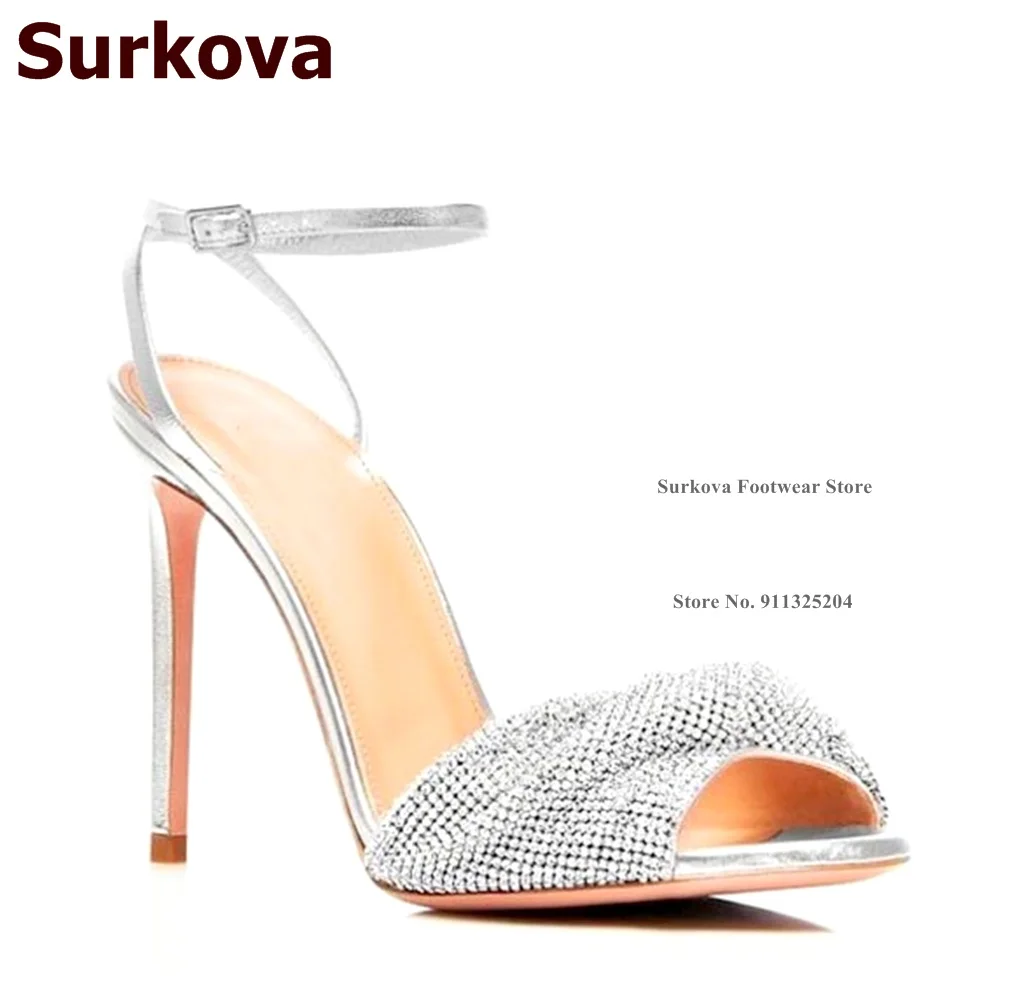 

Surkova Silver Crystal Butterfly-knot High Heel Sandals Ankle Buckle Strap Stilettos Wedding Shoes Crystal Bowtie Pumps Size43