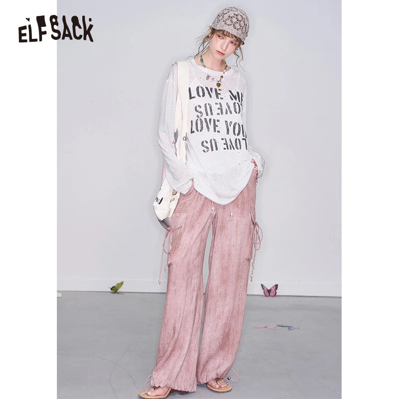 ELFSACK 2025 Spring New Arrivals Y2K Soft Loose Straight Pants Women Casual Elastic Waist Wide Leg Pants