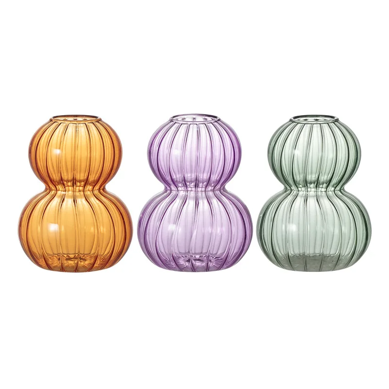 1Pcs Vertical Striped Glass Gourd Shaped Transparent Glass Vase Desktop Home Decoration Home
