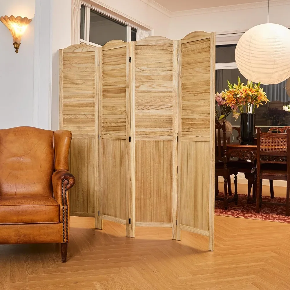 Room Dividers 5.75Ft Privacy Screens Foldable Wooden Louver MDF Wall Divider 4 Panels Natural