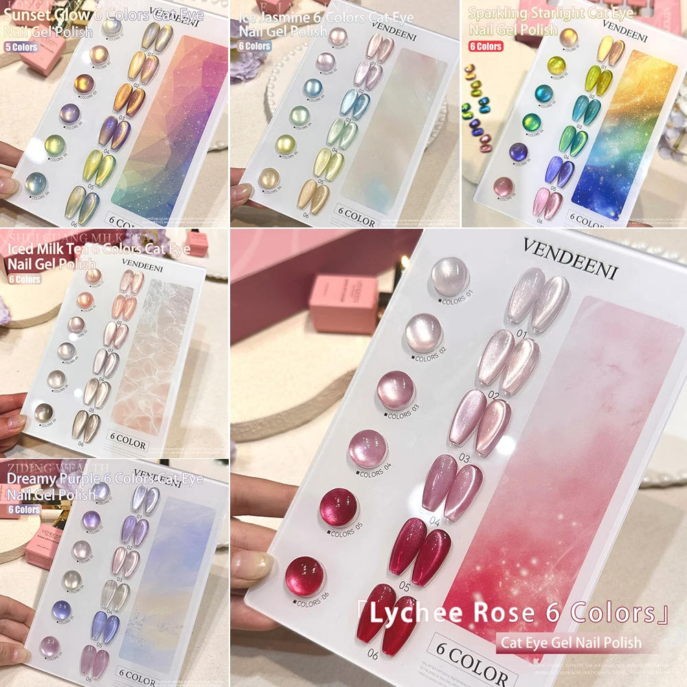 vendeeni-6色セット-クリスタルキャッツアイジェルネイルポリッシュ-セミパーマネントuvマグネットジェル-バーニッシュ-スパークリングキャッツアイジェル-ディスプレイ付き