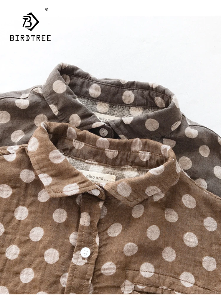 

New Spring Cotton Casual Long Sleeve Shirt Women Lapel Dots Printed Tops Girl Loose Retro Commute Blouses 2024 Summer T458146QC