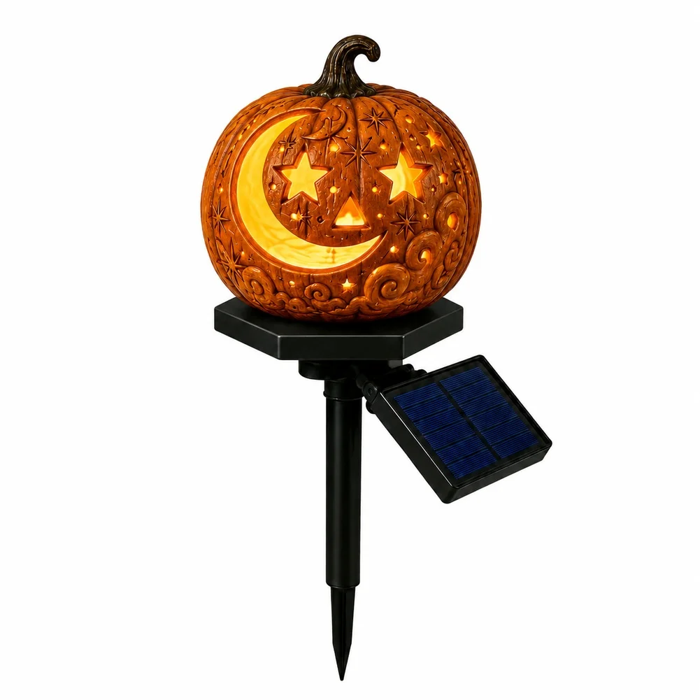 Resin Orange Pumpkin Lantern Solar Powered Halloween Outdoor Decor Light for Lawn Porch Table Garden Decoration