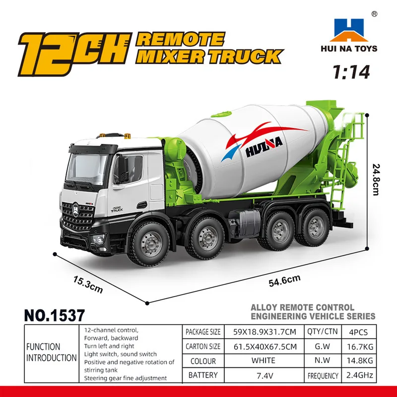 Huina 1536pro Nieuwe 1537 Legering Afstandsbediening 114 Schaal Wiel Zware Techniek Dump Truck Mixer Speelgoed
