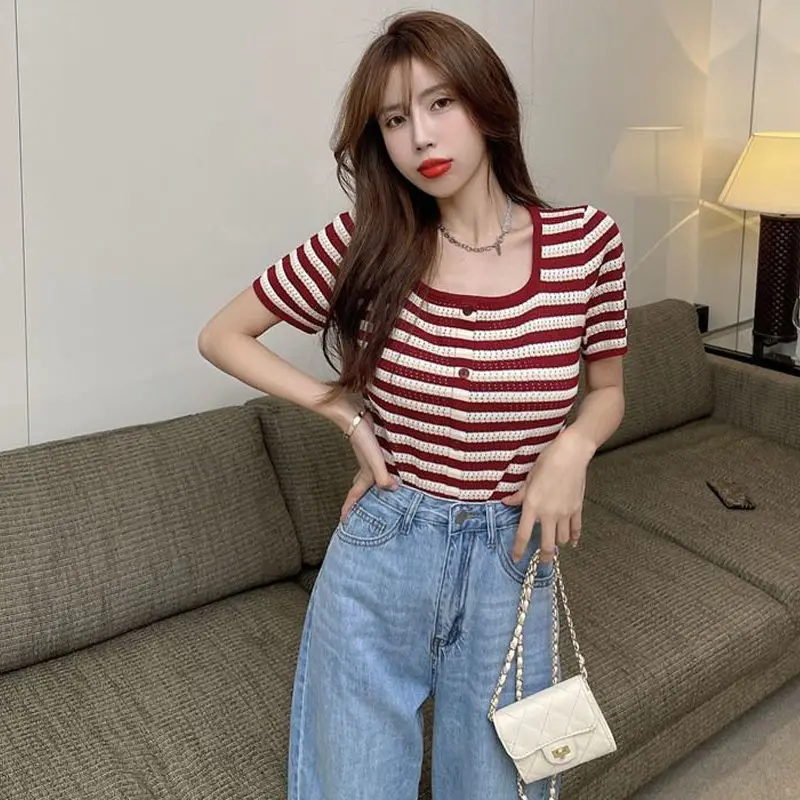 Casual Large Size Women Summer Korean Square Neck Stripe Knitting Loose Short Sleeve Elastic Force Office Lady Short T-shirt