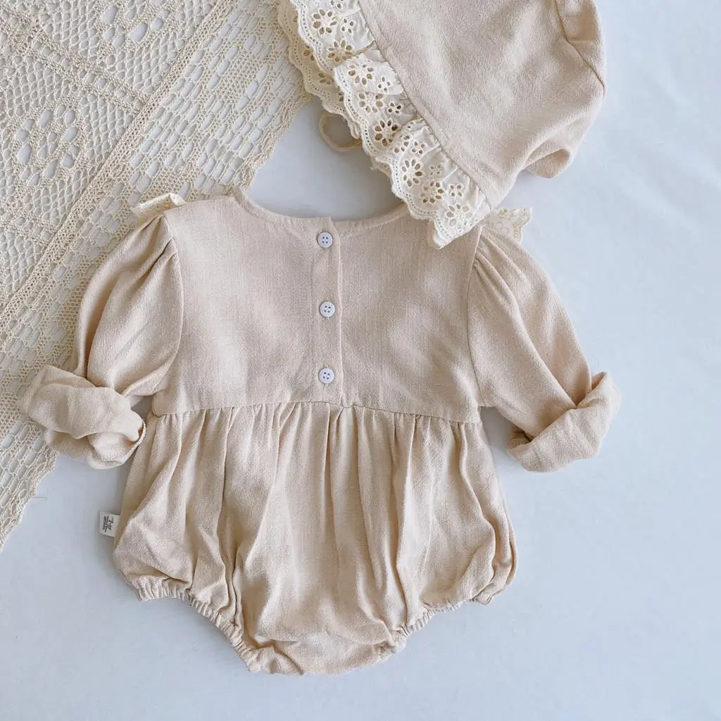 Spring Baby Girl Romper+Hat Bodysuit Outfits Long Sleeve 2Pcs Outfits Cotton Linen Lace Ruffles Girls Kids Clothing 0-24M