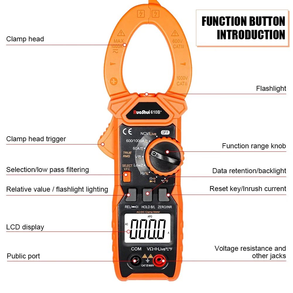 RUOSHUI 610B+ 1000V 1000A AC/DC Digital Clamp Meter 5999 Counts VFC True RMS NCV Live Flashlight Clamp Multimeter