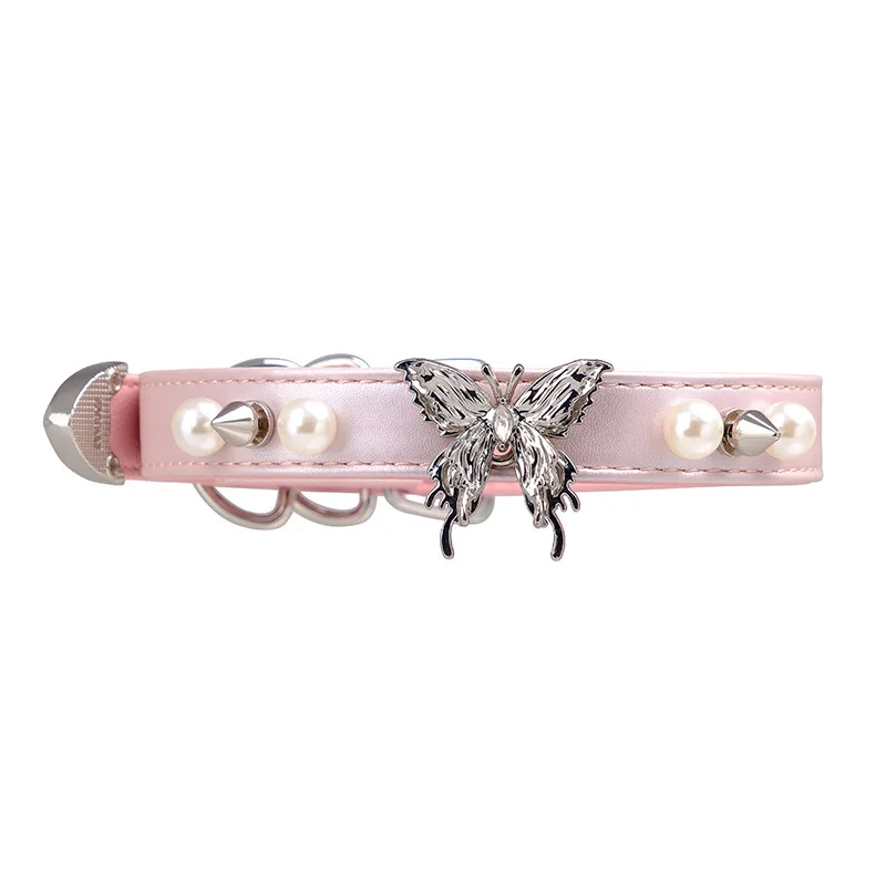 Adult Games Pink Satin PU Leather Choker Collar with Silver Butterfly, Pearl & Spike Decor Adjustable Collar for Couples Sex Toy