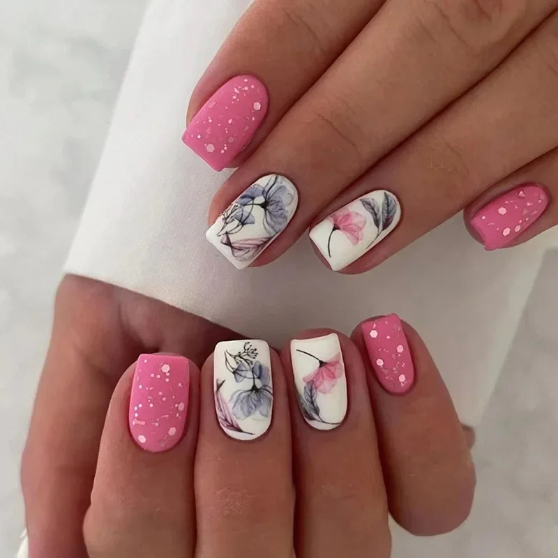 24Pcs Mid-length False Nails Pink Square Fake Nail with Lotus Design Wearable Ballet Press on Nail Sequin Decor Full Cover Tips