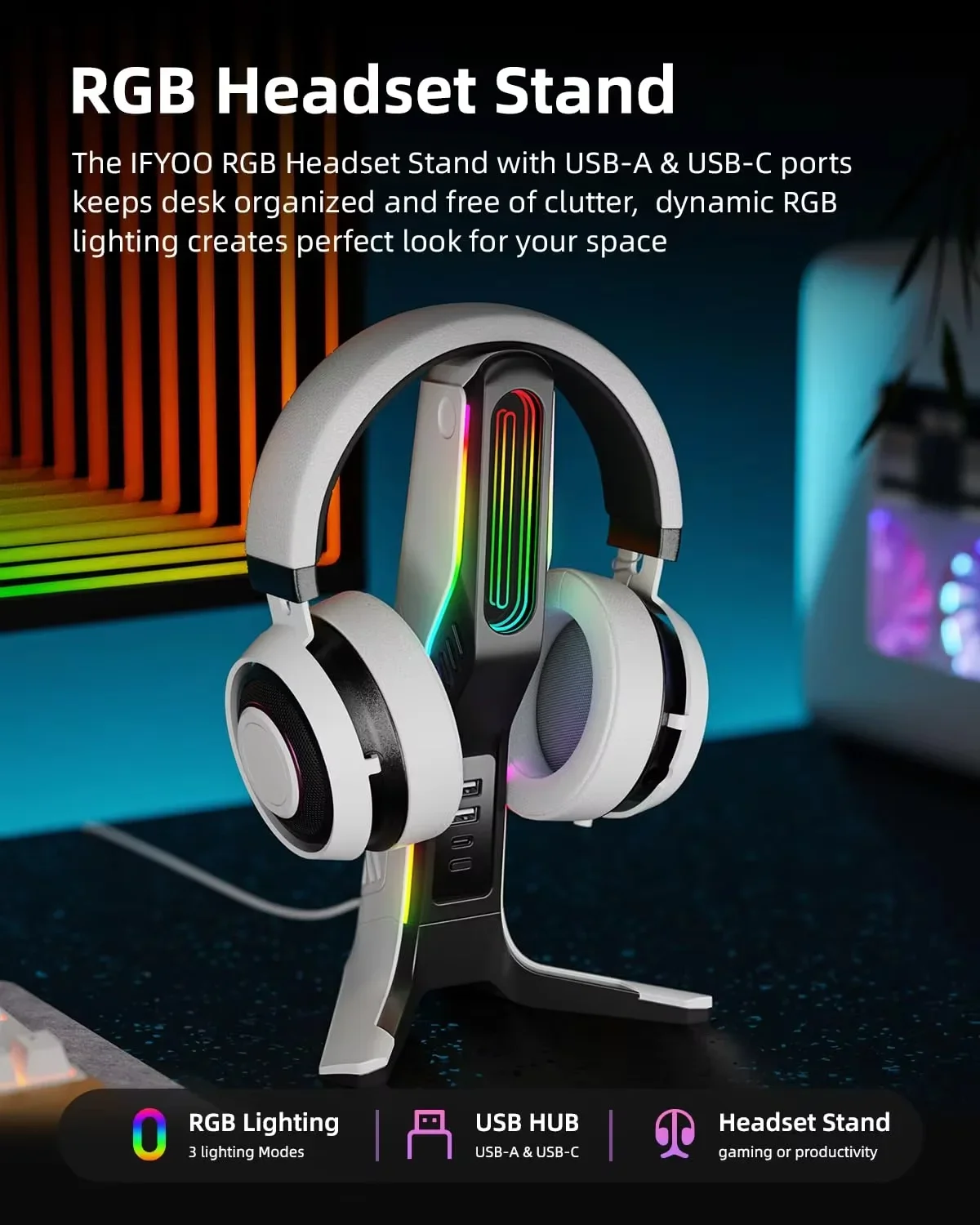 RGB Gaming Headphone Stand Lighting Effects Headphone Stand Holder Rack USB Port Tybe-c Port Desktop Headset Bracket
