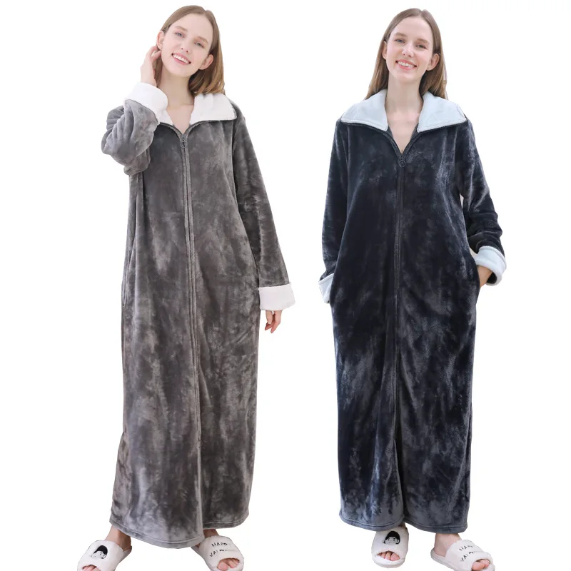 Flannel Long Sleeve Nightgown Sleepdress Outside Lapel Homewear Night Dress Solid Color Splicing Casual Home Dress Loungewear