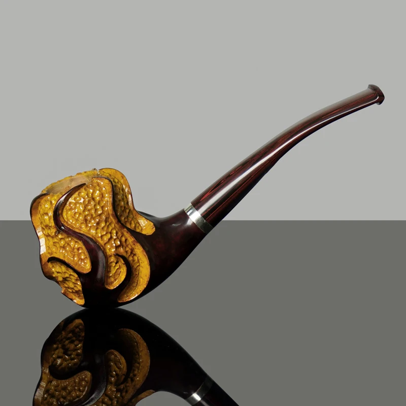 High Quality Briar Wood Smoking Pipe Hand Carved Bent Stem Mouthpiece 3mm Filter With Silver Decorative Ring