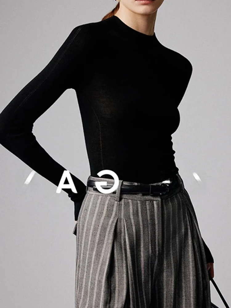 

Ele Color Simple Long Sve Knitted Base irt Women's Faionable Design Inner Wear Straight Cut Korean Sle