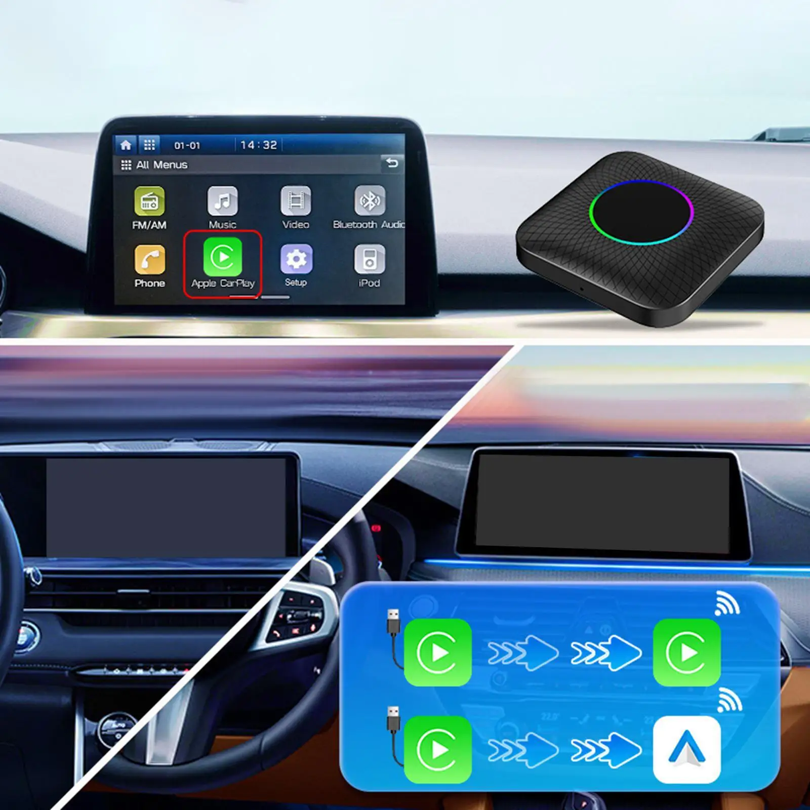 

Wireless Carplay Box Double Bt 8+128G 8 Core Ambient Light 4G Net