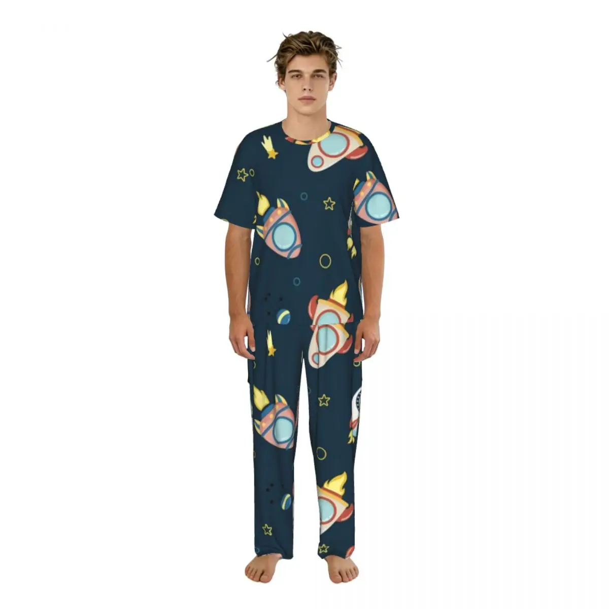 

Men's short-sleeved pajamas two-piece trousers Cute Rockets And Planets home wear suit sleepwear