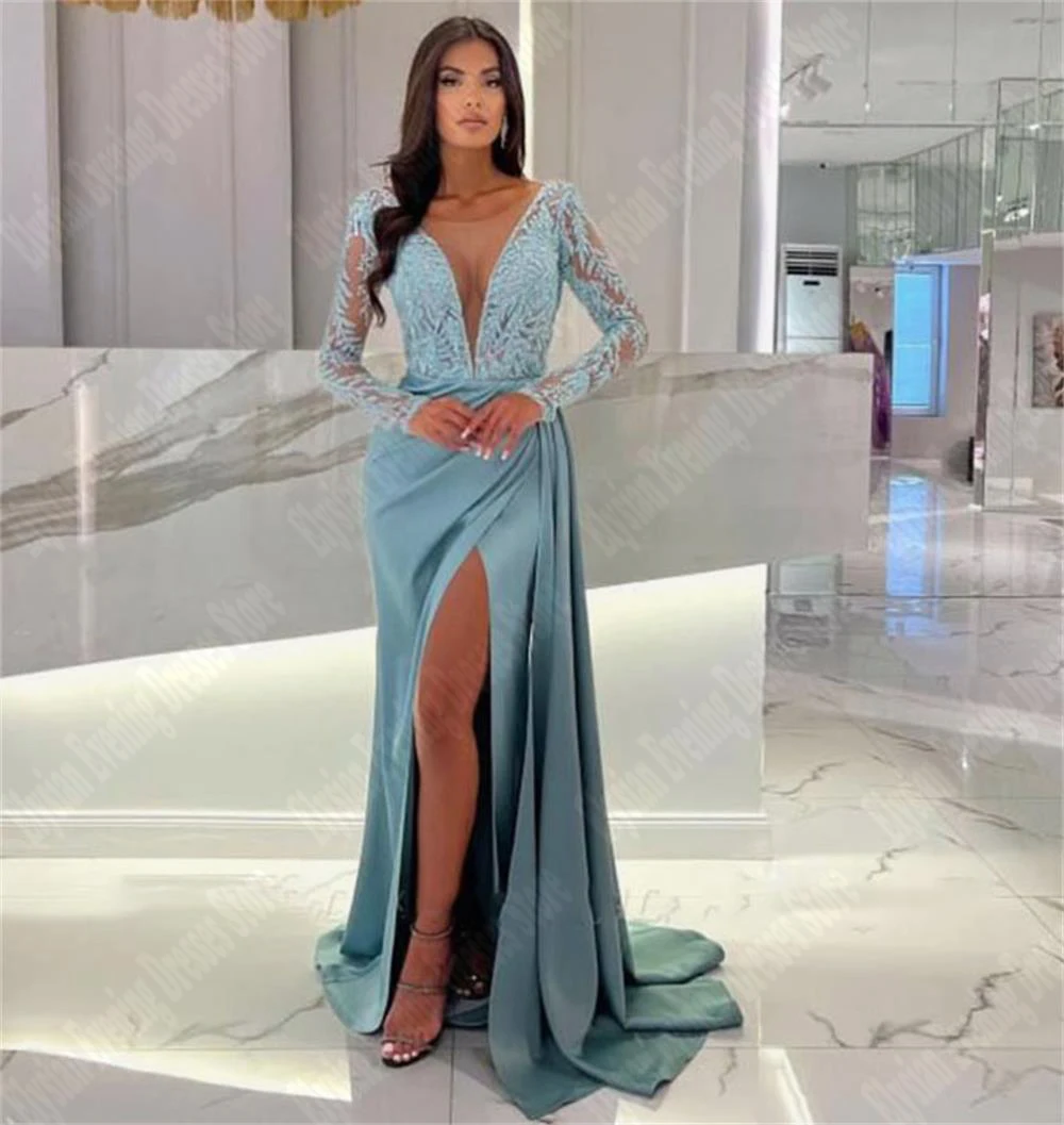 

Sky Blue Mermaid Evening Dresses Long Sleeves Sexy High Slit Prom Party Gowns Floor Length Dubai Shiny Fascinating Women Robes