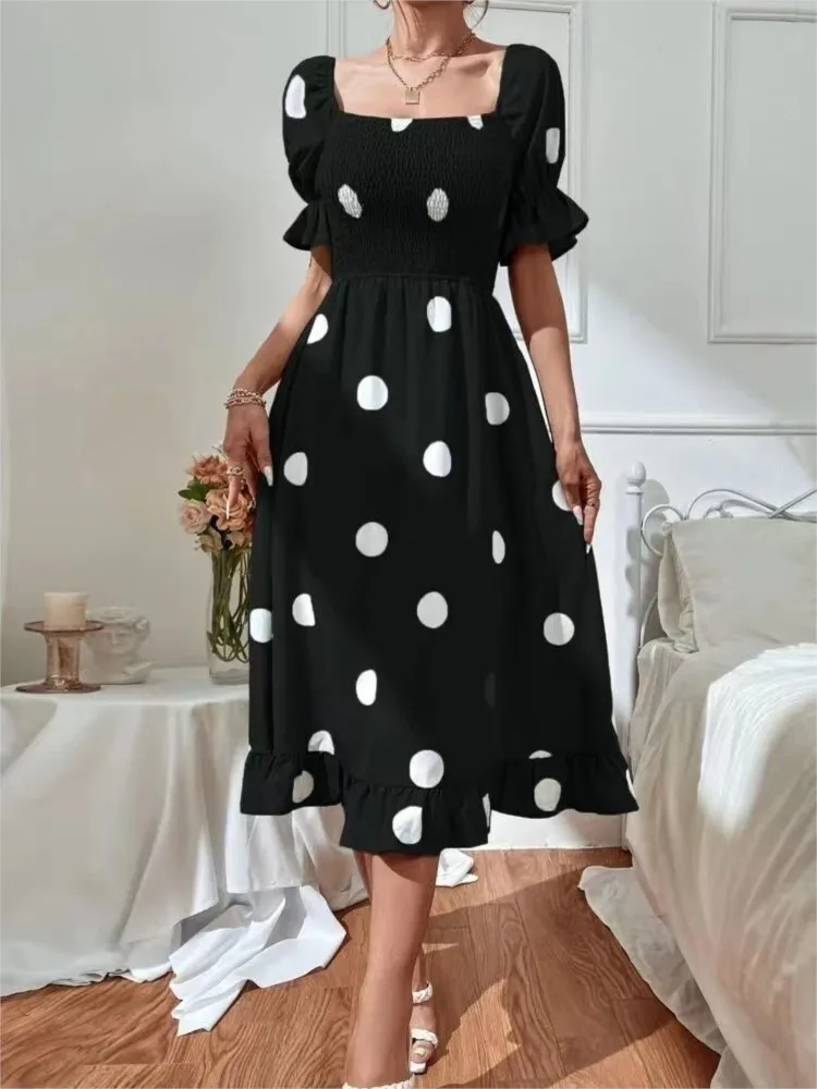 Women's 2024 New Summer Fashion Print With Large Round Dots Ruffled Edge Stylish Slim Fit Short Sleeved Dress For Women