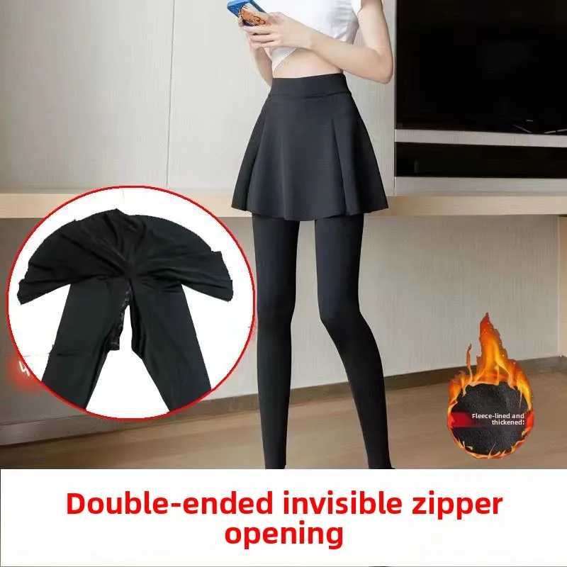 Calças de Yoga com Zíper Invisível Duplo para Outono e Inverno, com Fundo Aberto, Imitação de Duas Peças, Leggings Reforçadas...