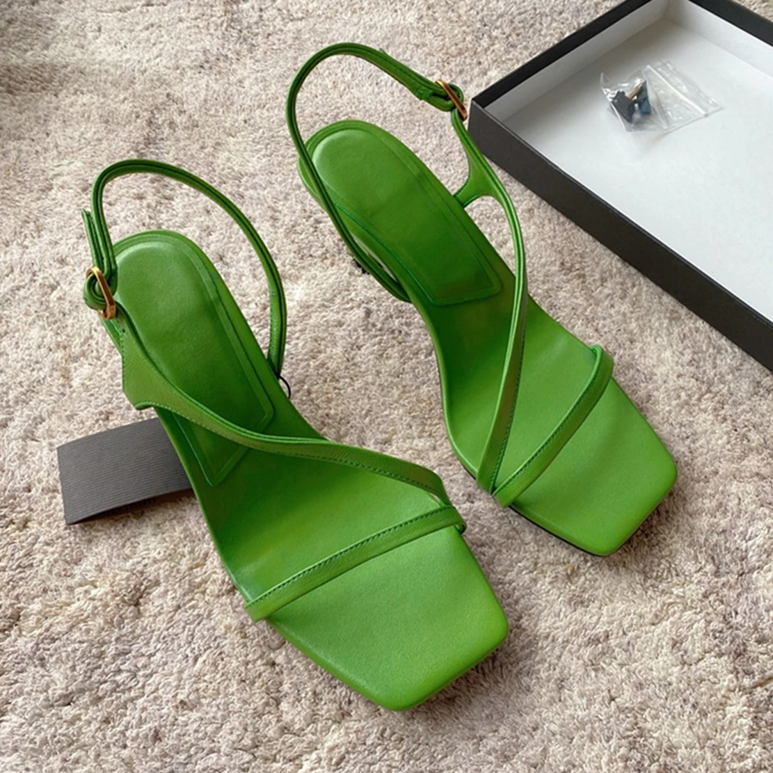 Dave&Di Ins Fashion Blogger Green Retro Stiletto Sandals Women Genuine Leather Casual Office Lady High Heel Shoes For Summe