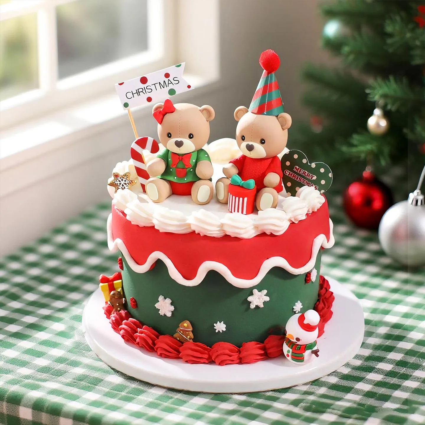 Christmas Bear Cake Topper Red Sweater Green Shirt with Rainbow Arch Gift Box for Holiday Party Cake Decorations Doll Ornament