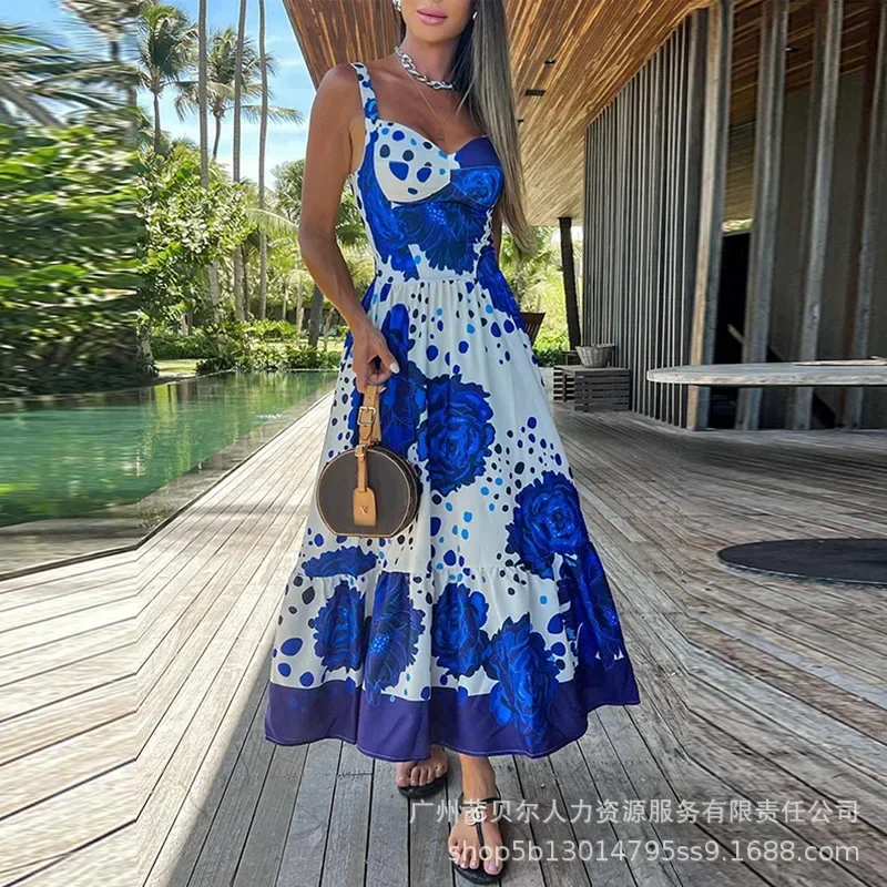 Robe Maxi sans manches à imprimé Floral pour femmes, longue, bleue, col en V, taille haute, ample, Sexy, mode, été