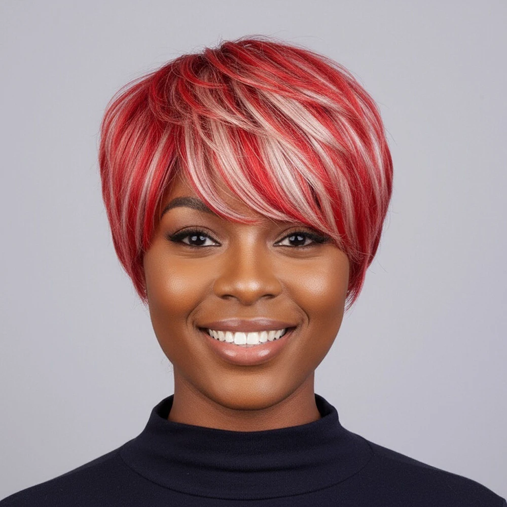 باروكات بيكسي قصيرة مستقيمة الطبقات مميزة، شعر بشري 100% منتفخة مسبقًا وخالية من التشابك، مصنوعة آليًا بالكامل مع الانفجارات للنساء