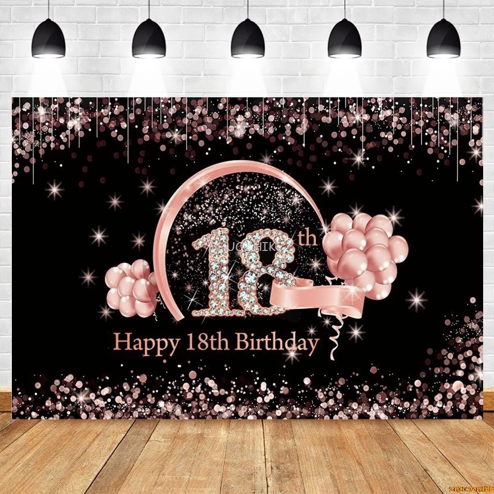 Happy 18th Birthday Backdrop Black Gold Pink Glitter Balloons 18 Years Old Party Customize Photography Background Decor Banner