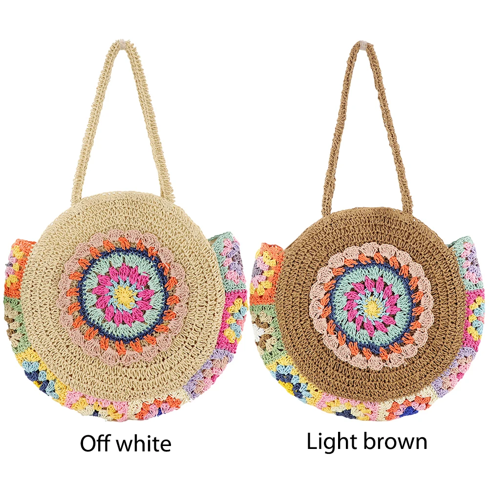 

Women Summer Beach Bags Round Straw Woven Tote Bag Vacation Shoulder Bag Large Capacity Ethnic Style for Travel Vacation