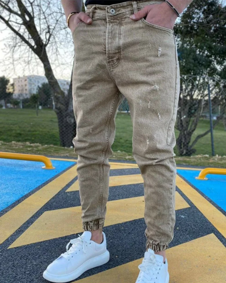 Men Jeans Denim Pencil Pants Sheath Solid Color Holes Slim Mid Waist Slight Strech Ankle Length Pockets Casual Spring 2024