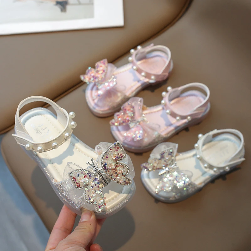 

2024 Summer New Girls' Baby Soft Sole Foreign Bow Crystal Sandals Girls' Shoes Children's Princess Sandals Size 23-34