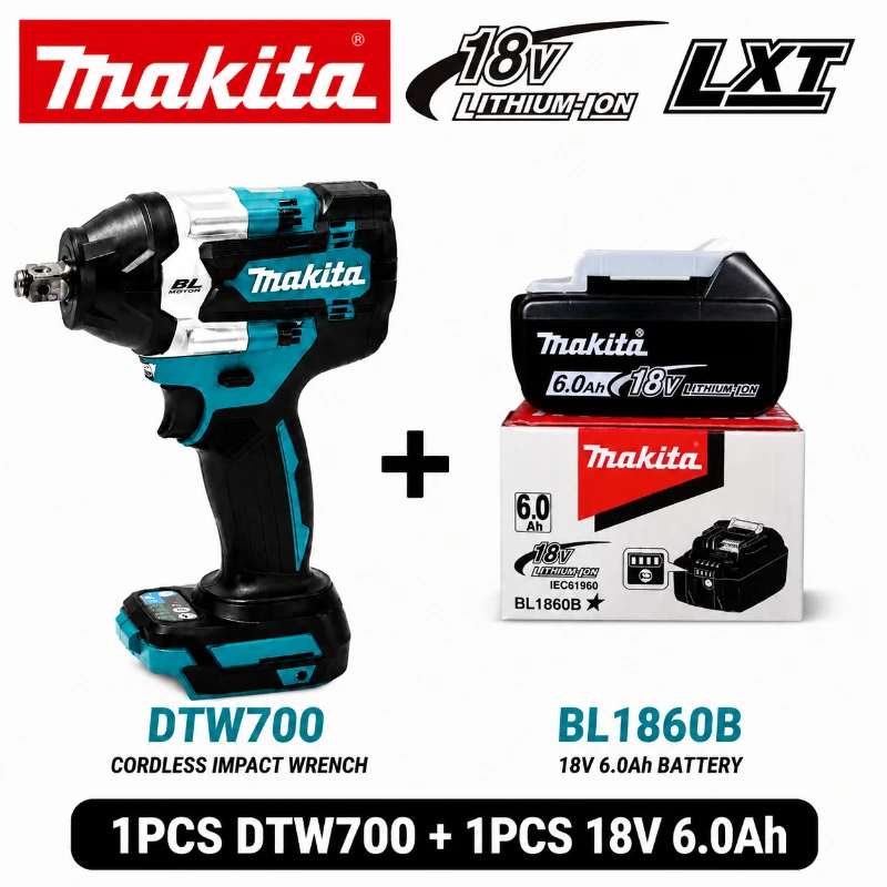 Original Makita DTW700 18V Bürstenloser Akku-Schlagschrauber 700Nm Hochdrehmoment Variable Geschwindigkeit Auto-Stopp Professionelles Elektrowerkzeug Kompatibel mit Makita BL1830 BL1840 BL1850 BL1860B