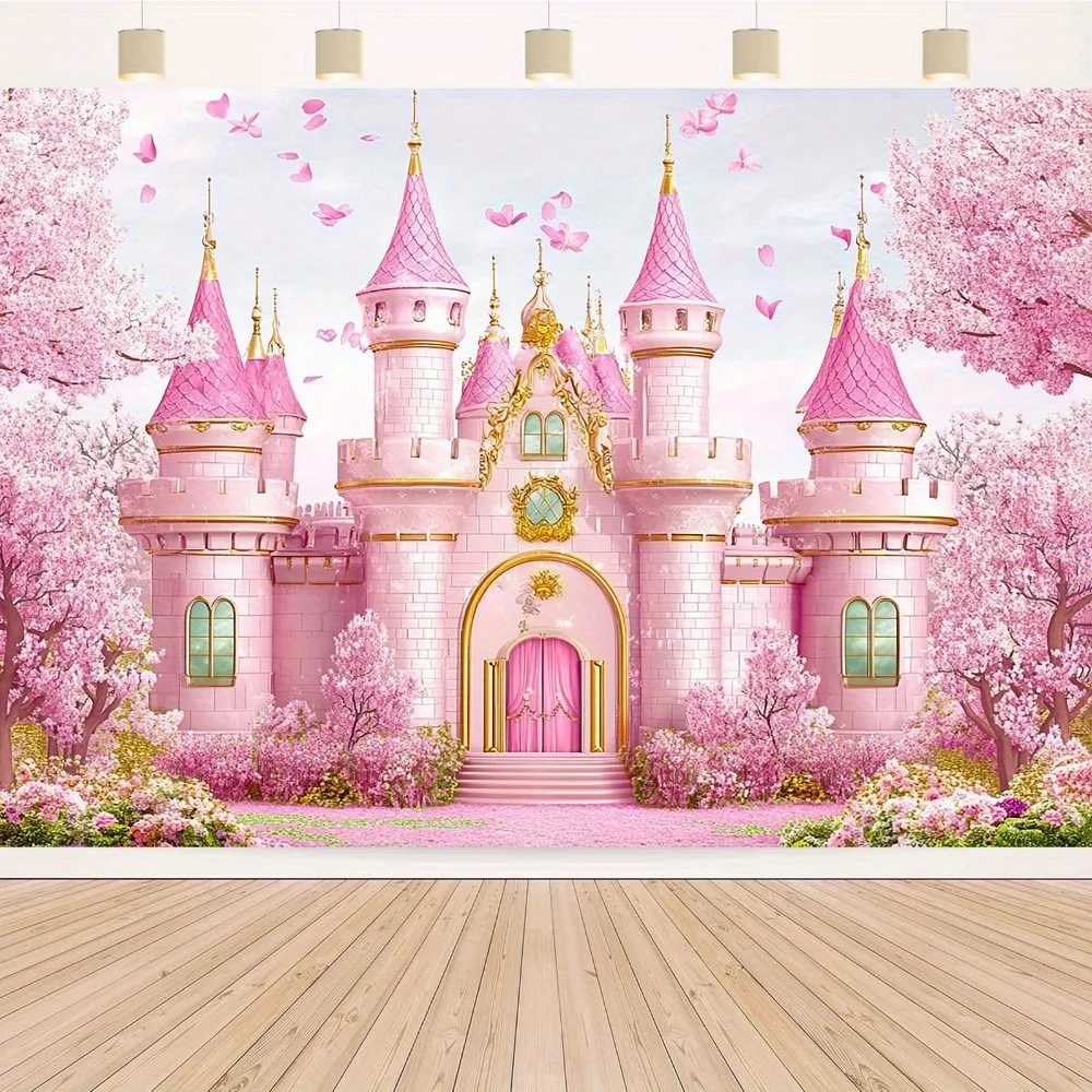 1 Stück, 2D flach, magischer rosa Prinzessinnenschloss-Fotohintergrund – mythische Kirschblüten-Partydekoration, Heimdekoration – Detail 4
