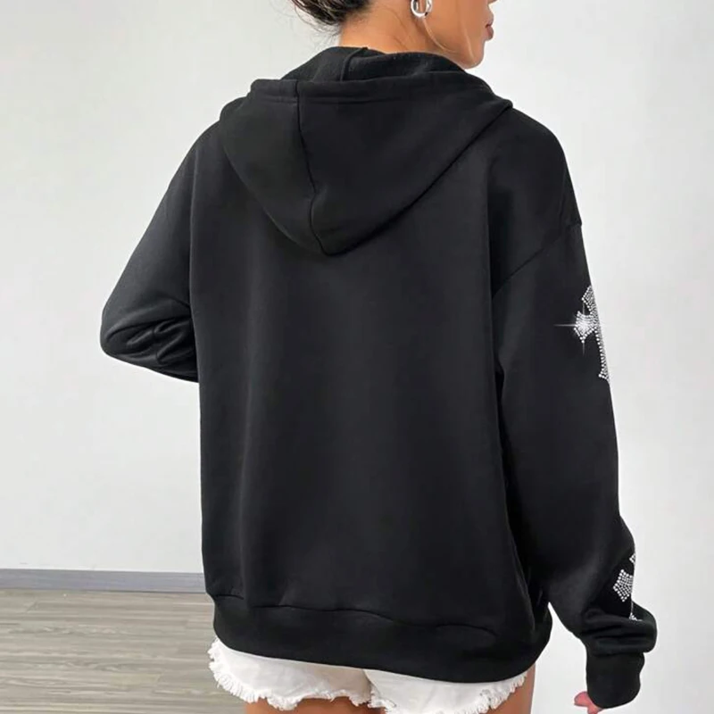 Hip Hop Rhinestone Sweatpants Suit Y2k Long Sleeve Zip Up Hoodies Punk Gothic Joggers Sweatshirts Suits Sport Jacket Streetwear