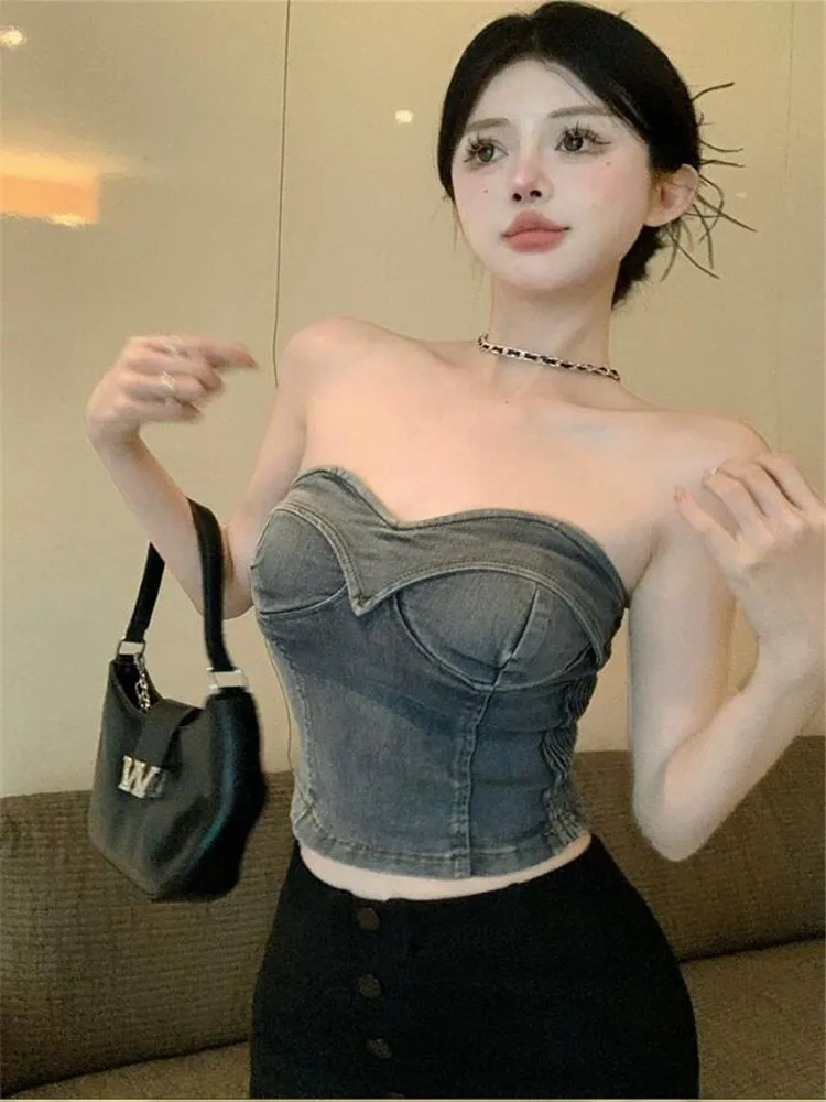 

Y2k Hotsweet Girl Slash Neck Short Camis Sexy Off Shoulder Little Denim Camisole Vest Vintage Strapless Slim Tank Top Sharper