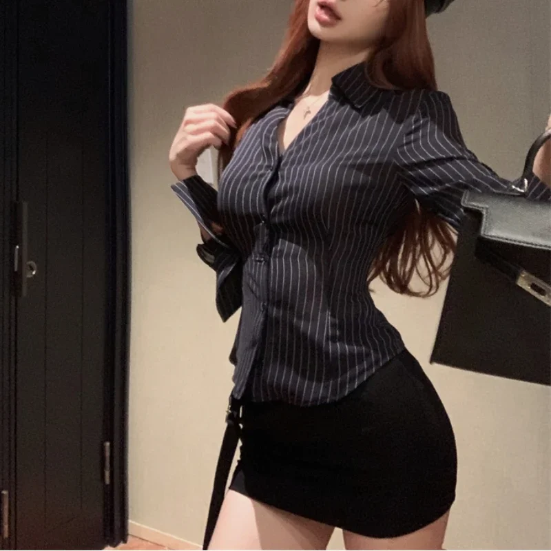 2024 Autumn New Polo Collar Contrast Color Stripes Sexy Long-sleeved Shirt Women + High Waist Casual Mini Skirt Two-piece Suit