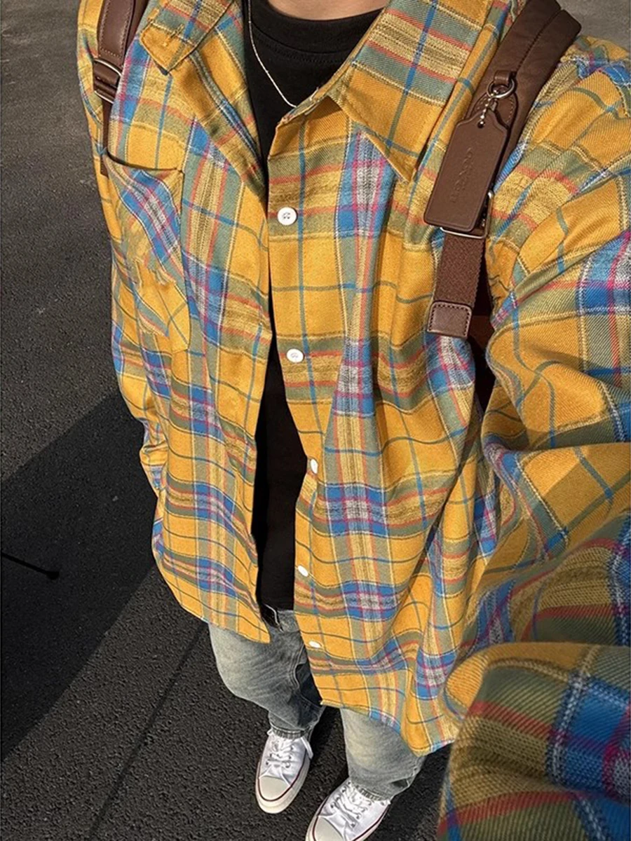 

Cleanfit Yellow Plaid Long Sve irt Men's Spring Autumn Sun Protection Layering irt Outerwear Premium Feeling