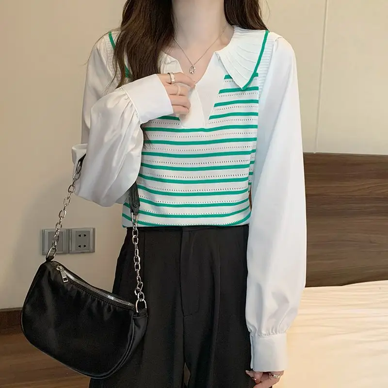 Spring Autumn Elegant Fashion Fake Two Pieces Tshirt Women Clothing Sweet Turn-down Collar Long Sleeve Top Striped Knit Pullover