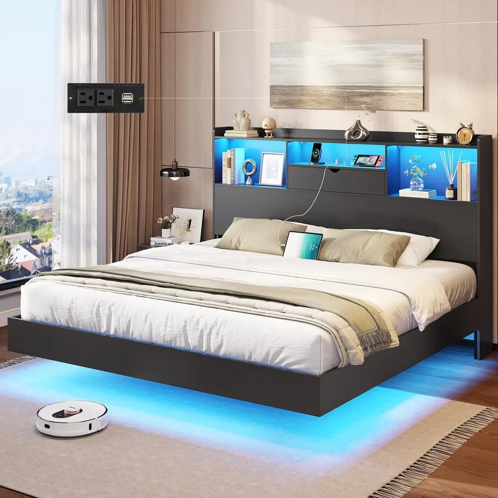 King Floating Bed Frame with LED Lights and Storage Headboard Visual Floating Bed with Charing Station King Size Metal